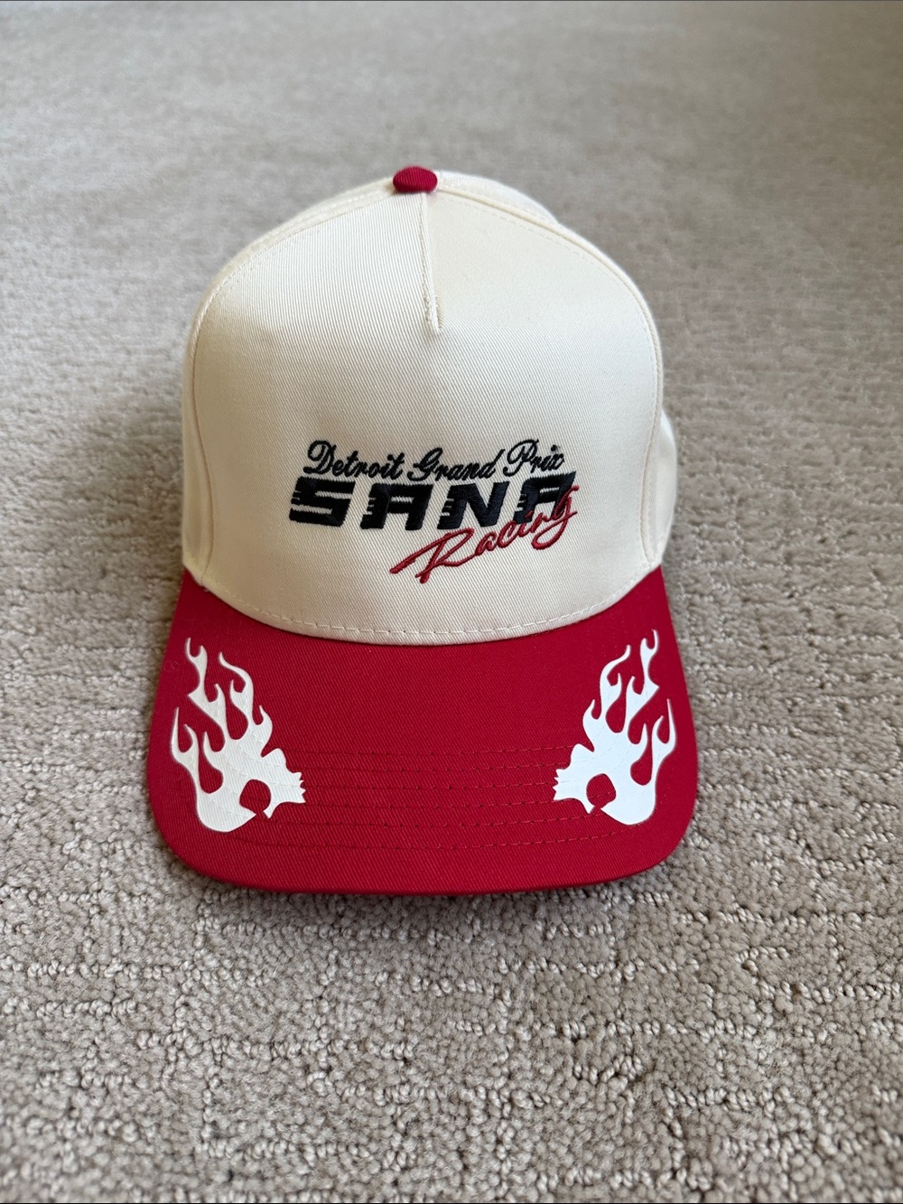 SANA Detroit Cream and Red Racing Flame Trucker Hat